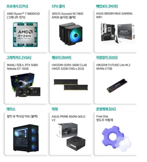 9800X3D RTX5080 32GB 1TB 완본체 외 1종