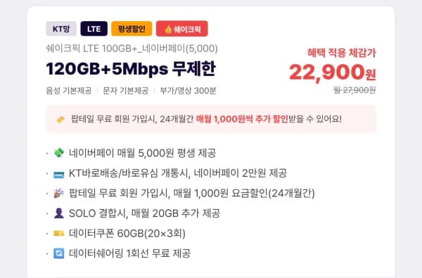 KT LTE망 평생요금제 120GB+5Mbps 체감가 22,900원 (27,900원/무료)
