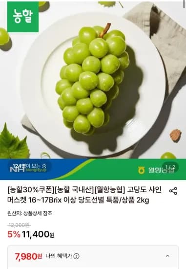 샤인머스켓 2kg 4수 특품 (7,980원/무료)