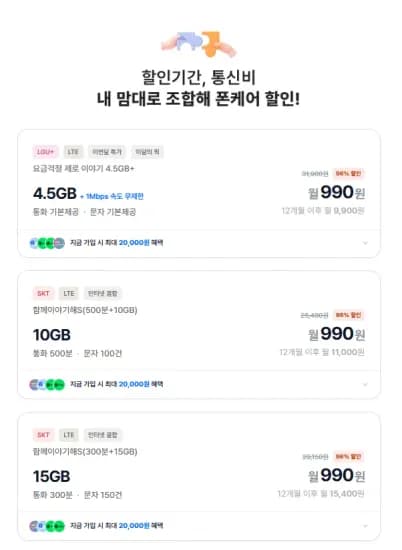 알뜰폰 4.5기가+1mb 12개월 (990원/무료)