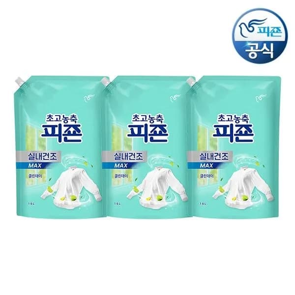 피죤 초고농축 실내건조 섬유유연제 클린데이 1.6L 리필 x 3개