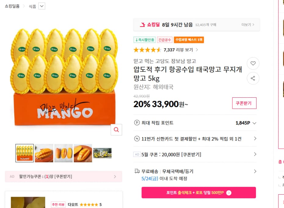 11번가)압도적 후기 항공수입 태국망고 무지개망고 5kg