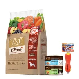 ANF 식스프리 플러스 강아지 사료 소고기/연어 5.6kg (N) +ANF 캔 랜덤2개(G) +도기맨 덤벨 스몰 장난감 (48,600원/무료)