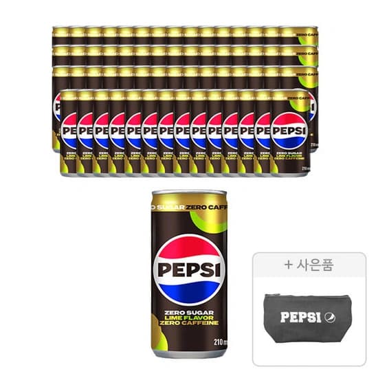 펩시 제로슈거 라임향 제로카페인, 210ml, 60개 + 증정 ( 파우치, 주문시 100% 증정 ) ( 27,900원 / 무료 배송 )