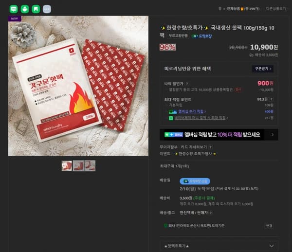 핫팩 100g/10팩 (900원/무료)