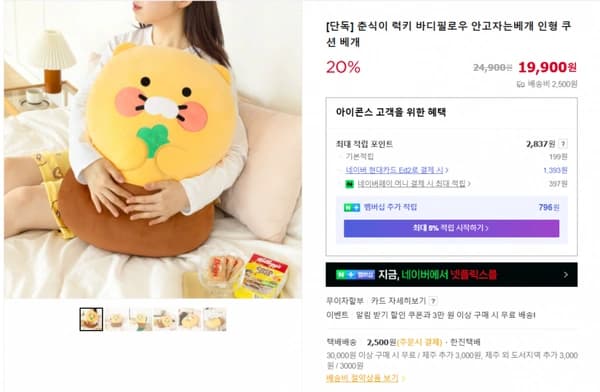 춘식이 럭키 바디필로우 안고자는베개 인형 쿠션 베개 (19,900원 / 2,500원)