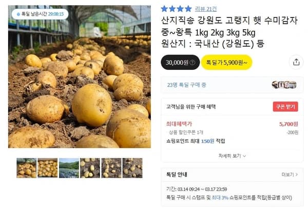 강원도 고랭지 햇 수미감자 중 1kg  (무배/ 5700원)