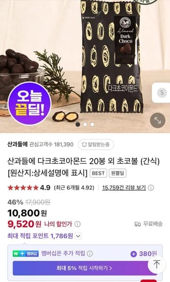 산과들에 다크초코아몬드 20봉 (9,520원/무료)