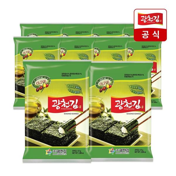 광천김 올리브유 녹차 전장김 25g 10봉 (12,890원/무료 배송)