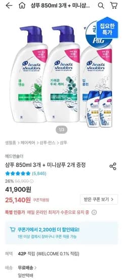 헤드앤숄더 샴푸 3종 850ml 3개 + 미니2개 (22,940원) (무료)