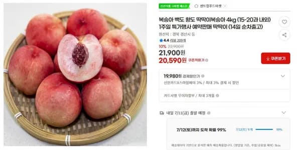 지마켓)복숭아 백도 황도 딱딱이복숭아 4kg (15-20과 내외) 1주일 특가행사 예약판매 딱딱이 (14일 순차출고) 20,590원(무배)