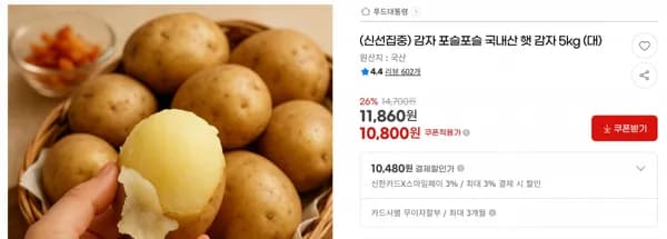 감자 포슬포슬 국내산 햇 감자 5kg (대) < 10,800원 / 무료 배송 >