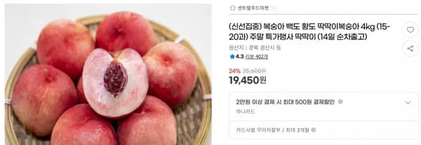 복숭아 백도 황도 딱딱이복숭아 4kg (15-20과) 주말 특가행사 딱딱이 (14일 순차출고) < 19,450원 / 무료 배송 >