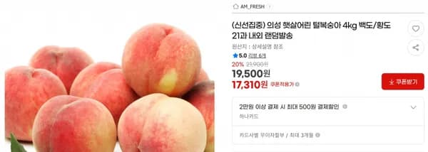 의성 햇살어린 털복숭아 4kg 백도/황도 21과 내외 랜덤발송 < 17,310원 / 무료 배송 >