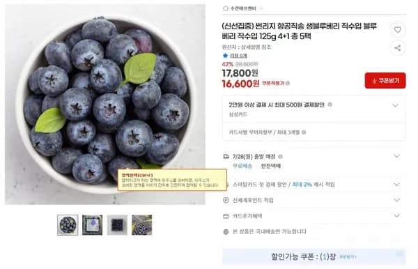 썬리지 항공직송 생블루베리 직수입 블루베리 직수입 125g 4+1 총 5팩 < 16,600원  / 무료 배송 >