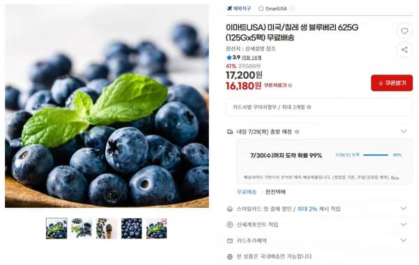 이마트USA) 미국/칠레 생 블루베리 625G (125Gx5팩) 무료배송 < 16,180원 / 무료 배송 >
