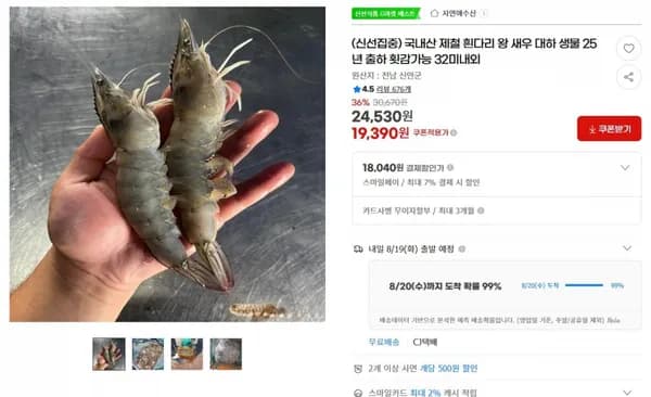 국내산 제철 흰다리 왕 새우 대하 생물 32미 내외