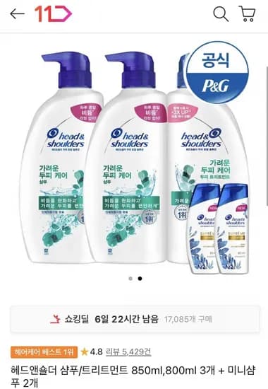 헤드앤숄더 샴푸 트리트먼트 850ml 800ml 3개 미니샴푸 2개