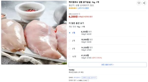 케이원푸드 냉동 닭가슴살 1kg 1개