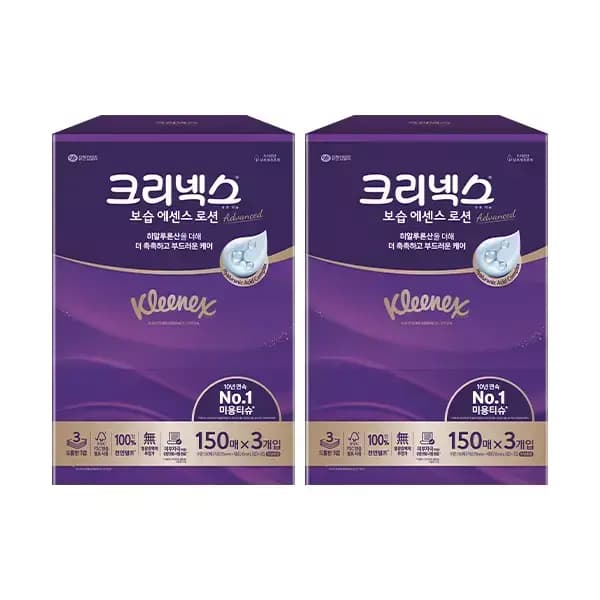 크리넥스 보습에센스 로션 천연펄프 미용티슈 3겹 150매 3입 2개