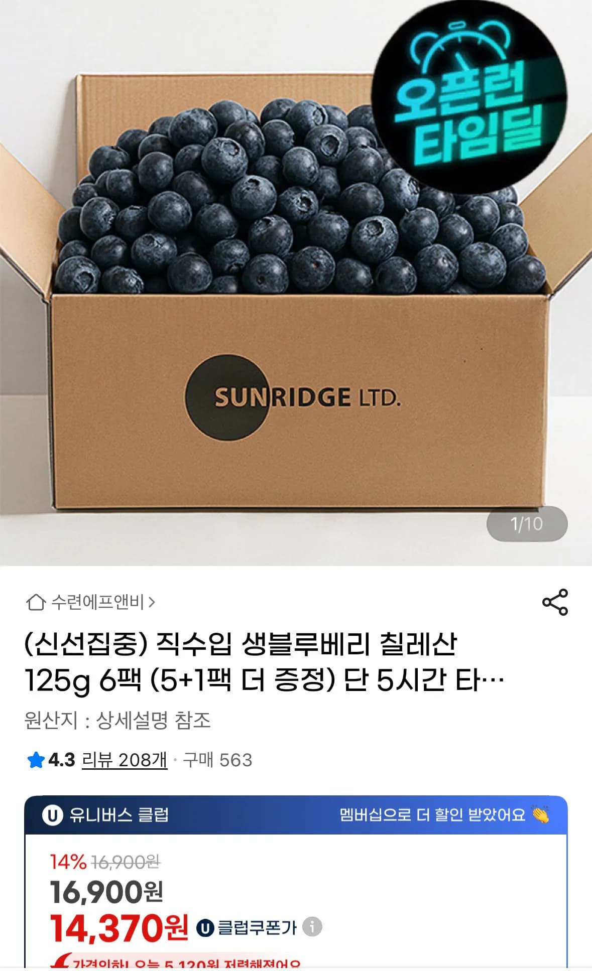 생블루베리 칠레산 125g 6팩 16,900원