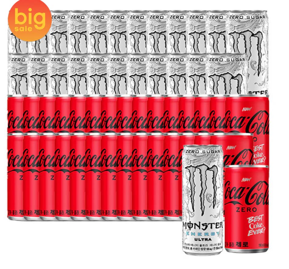 몬스터 에너지 울트라 355ml 24캔+코카콜라제로 190ml 30캔 (36,310원) (무료)