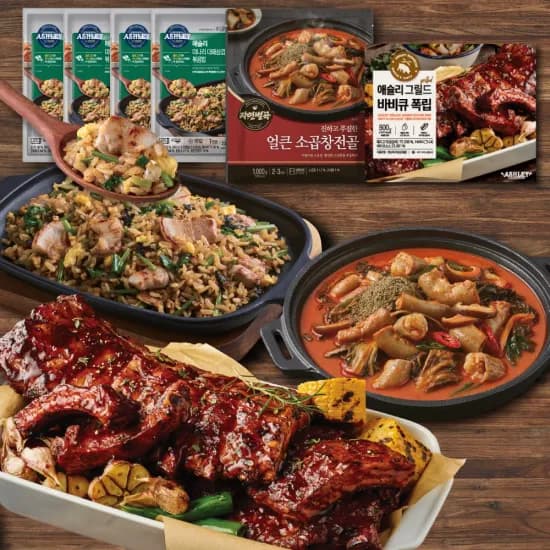애슐리 캠핑 세트 그릴드폭립 500g 소곱창전골 1kg 미나리대패삼겹살 볶음밥 4팩