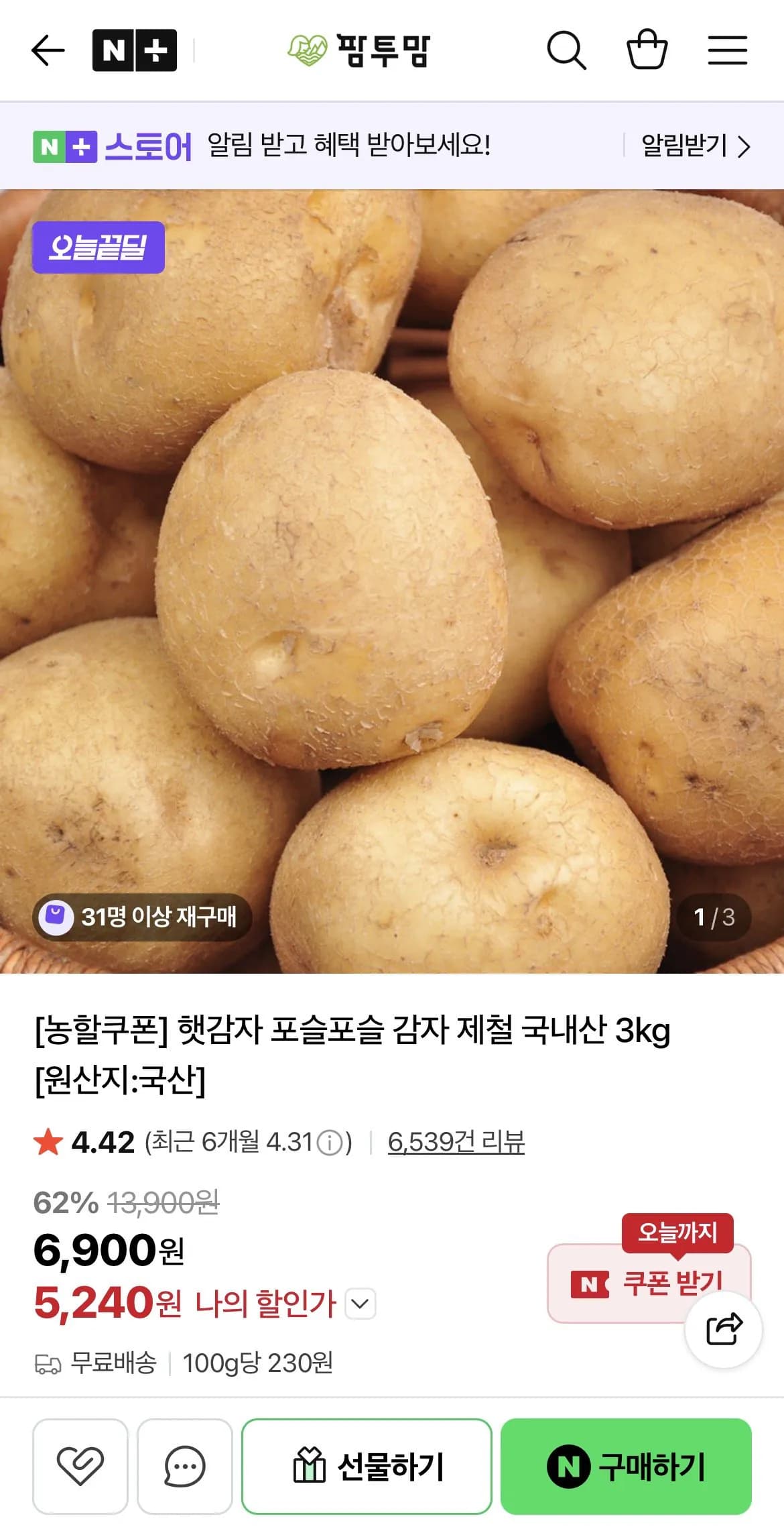 국내산 햇감자 3kg (5,240원) (무료)