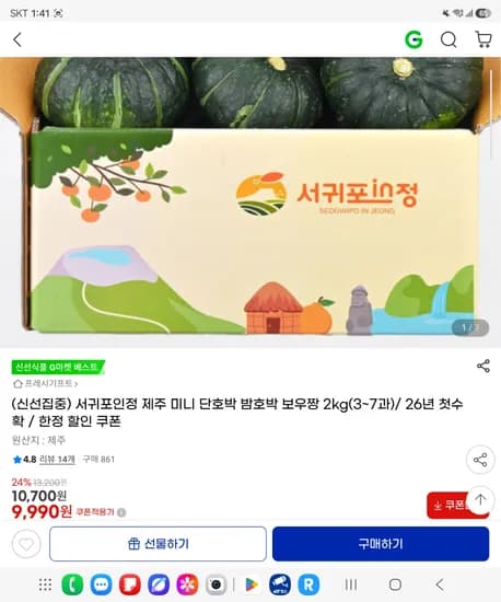 서귀포인정 제주 미니 단호박 밤호박 보우짱 2kg(3~7과)/ 26년 첫수확 / 한정 할인 쿠폰 <9,990원 / 무료배송>