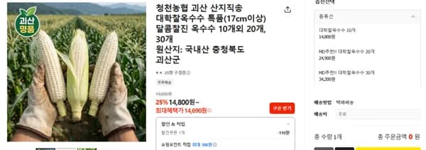 청천농협 괴산 대학찰옥수수 10개입 (14,800원) (무료)