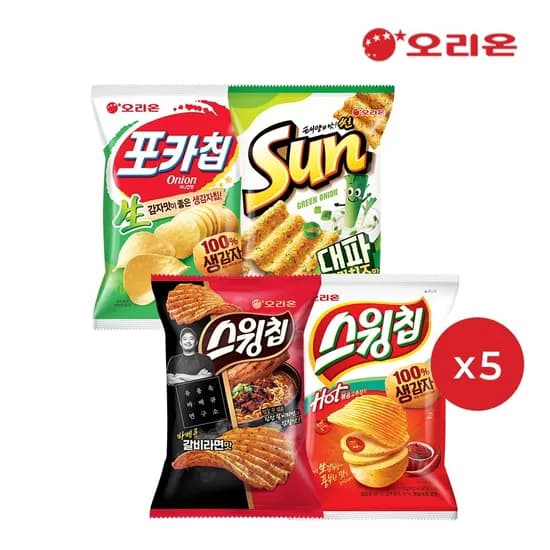 오리온 스낵4종 (포카칩 어니언5 + 썬 대파크림치즈5 + 스윙칩 볶음고추장5 + 스윙칩 갈비라면5) (20,650원/무료 배송)