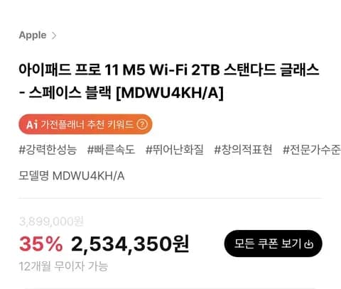 아이패드 프로 11 M5 Wi-Fi 2TB 35% 세일