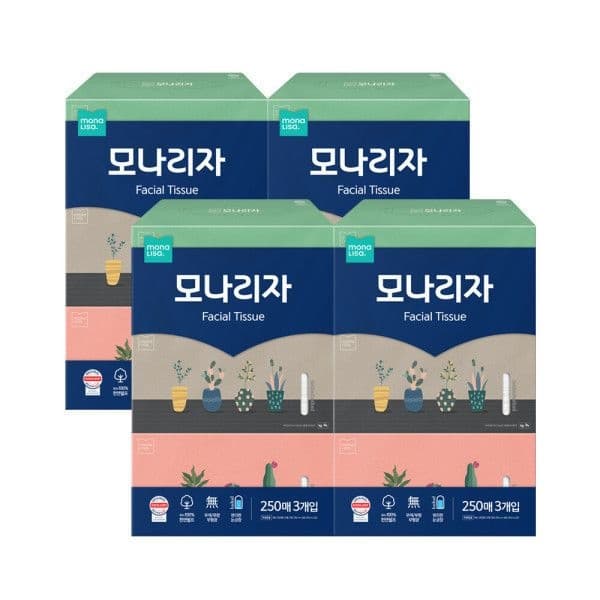 모나리자 미용 곽티슈 250매*3박스 4세트 총 12박스