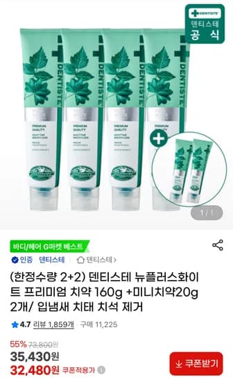 덴티스테 뉴플러스화이트 프리미엄 치약 160g 4개 미니 20g 2개