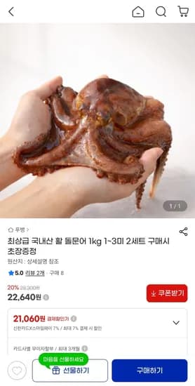 최상급 국내산 활 돌문어 1kg 1~3미 22,640원
