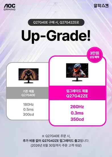 알파스캔, Q27G40E 구매 고객 대상 Q27G42ZE 무료 업그레이드 이벤트 안내