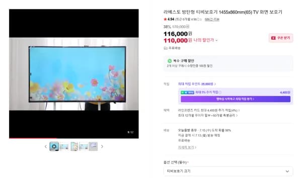 방탄형 티비보호기 38% 할인특가 65인치 기준(110,000원/무료배송)