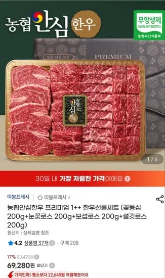 농협안심한우 프리미엄 1++ 한우선물세트 800g (69,280원/무료)