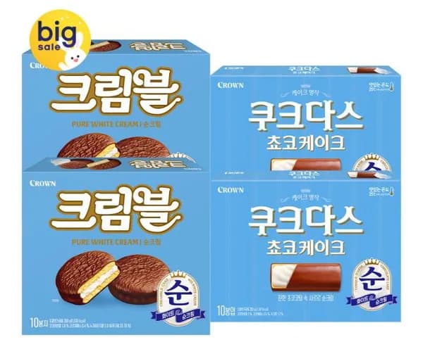 크라운 크림블 순크림 300g 2개 외 쿠크다스 쵸코케이크 202g 2개 13,590원