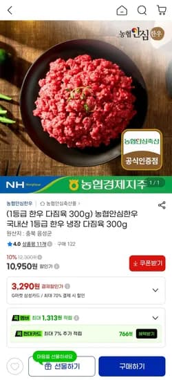 농협안심한우 국내산 1등급 한우 냉장 다짐육 300g 10,950원