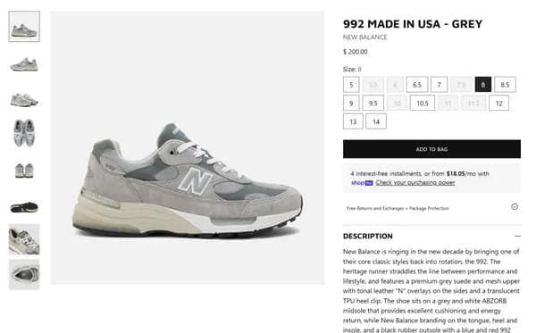 뉴발란스 992 그레이 $160