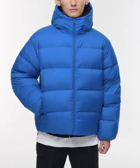 무신사 스탠다드 립스탑 후디드 다운 숏 패딩 재킷 블루