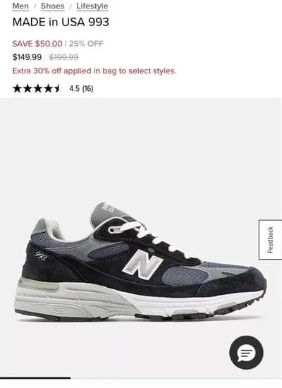 뉴발란스 993 블랙, 네이비 $104.99