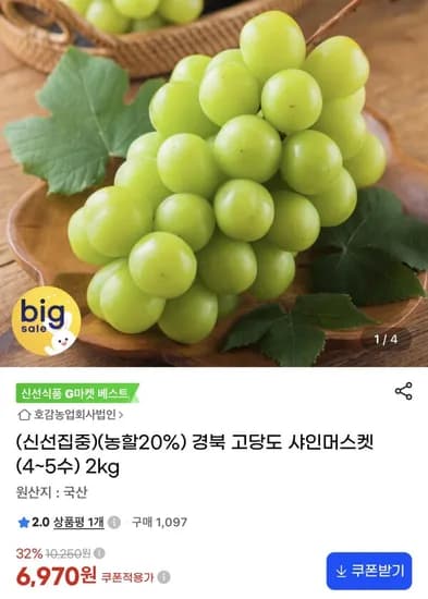 경북 고당도 샤인머스켓 (4~5수) 2kg 6,970원