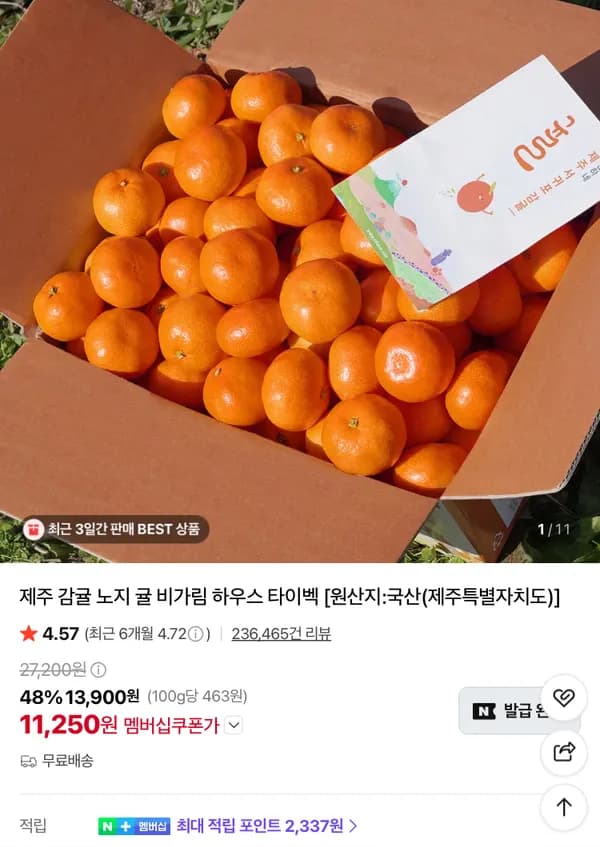제주 노지 감귤 4.5kg 9,630원