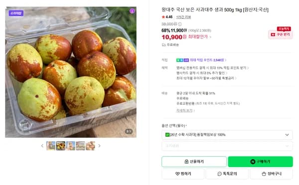 왕대추 국산 보은 사과대추 생과 500