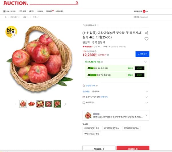 아침이슬농원 첫수확 햇 빨간사과실속 4kg 소과 25-35