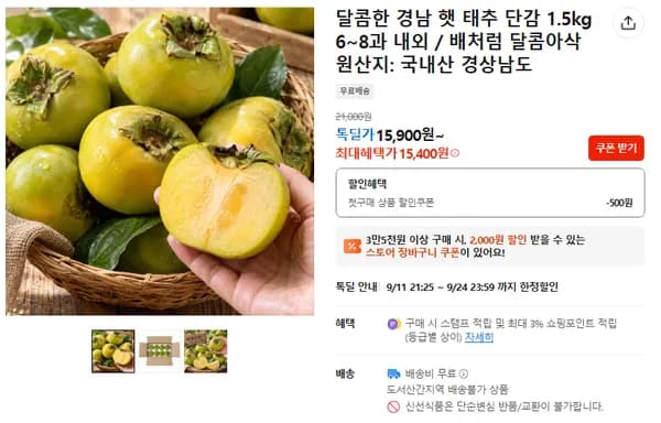 달콤한 경남 햇 태추 단감 1.5kg 6~8과 내외