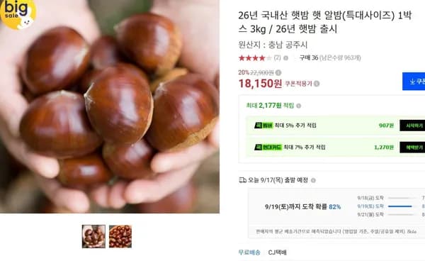 26년 국내산 햇밤 햇 알밤 특대사이즈 1박스 3kg