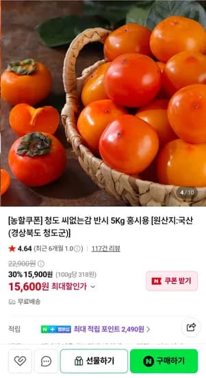 청도 씨없는감 반시 5Kg